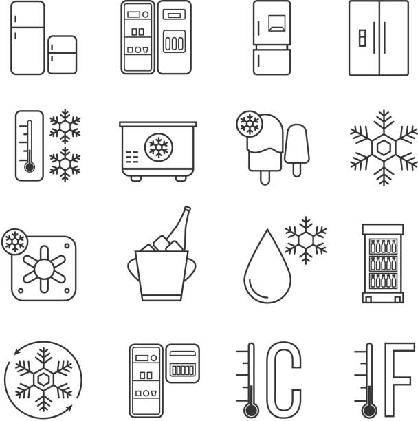 illustrazioni stock, clip art, cartoni animati e icone di tendenza di icone lineari frigorifero, congelatore domestico e frigorifero industriale. segni di linea sottile per macchine congelate e fredde - frigorifero
