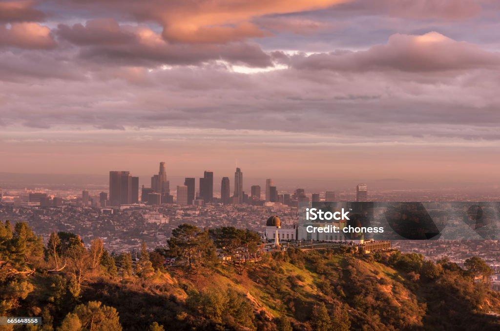 Griffith Observatory Griffith Observatory and Los Angeles city skyline at sunset Griffith Park Observatory Stock Photo