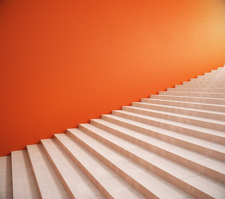Side view of interior with bright orange wall and stairs. Mock up, 3D Rendering