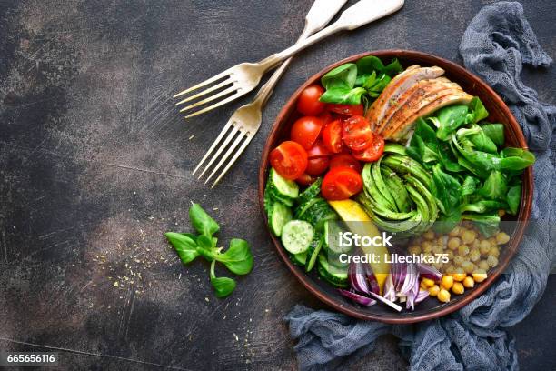 Lunch Bowl With Vegetablesbeans And Chicken Meat Stock Photo - Download Image Now - Springtime, Salad, Meal