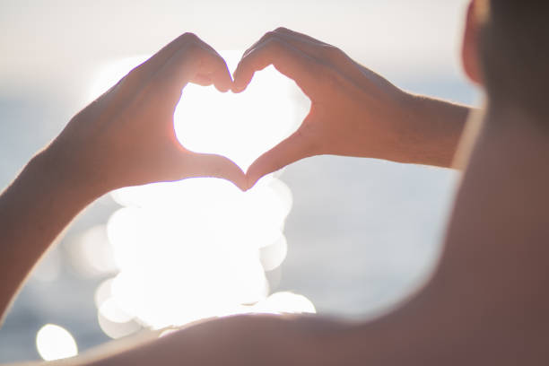 istock Silhouettes hand heart shaped with sunset and sea background 665656666