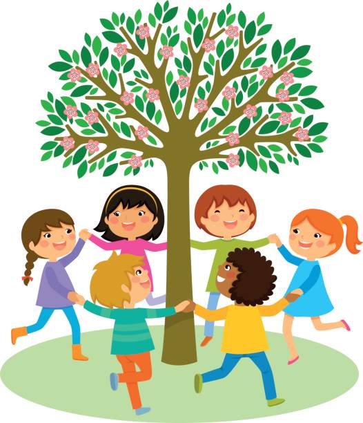 ilustraciones, imágenes clip art, dibujos animados e iconos de stock de danza de los niños alrededor de un árbol - friendship park flower outdoors