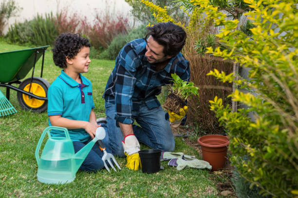 istock Smiling father and son gardening 665666028