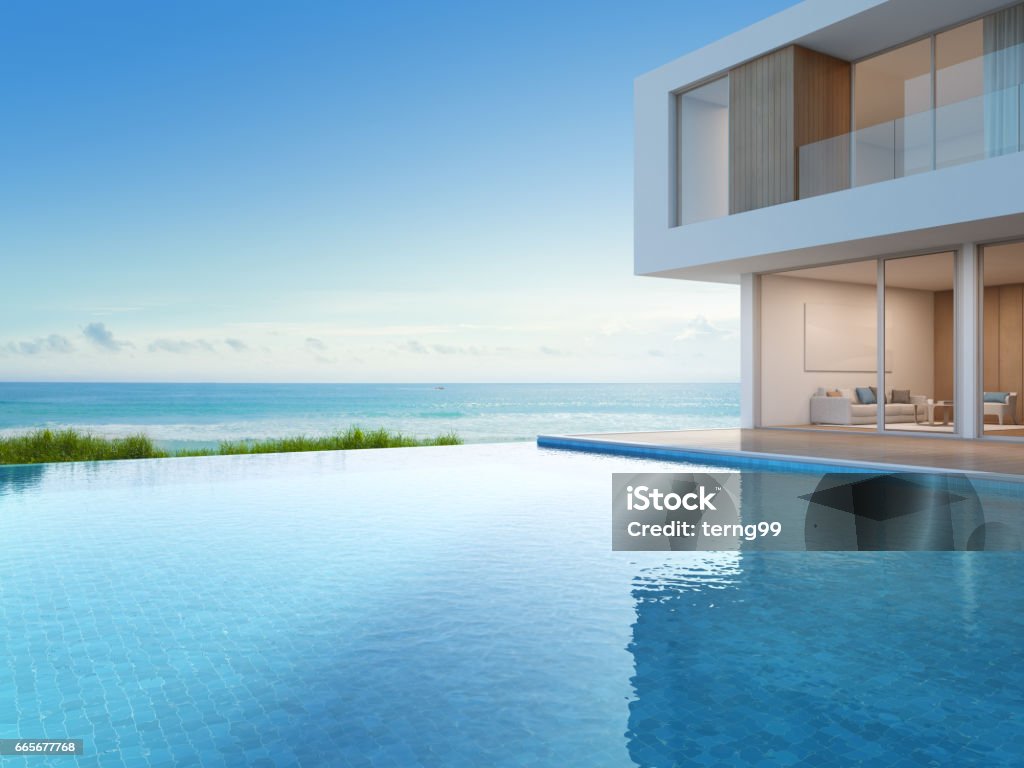 Luxury beach house with sea view swimming pool in modern design, Vacation home for big family 3d rendering of building and swimming pool Swimming Pool Stock Photo