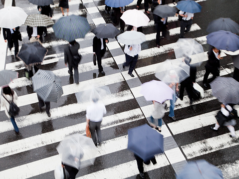 city commuters at crosswalk on a rainy morning