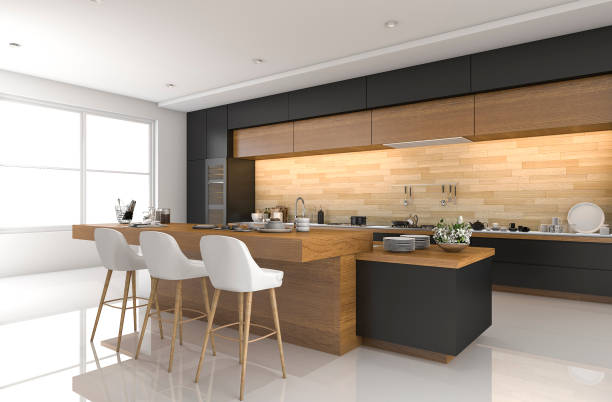 3d rendering modern black kitchen with wood decor stock photo