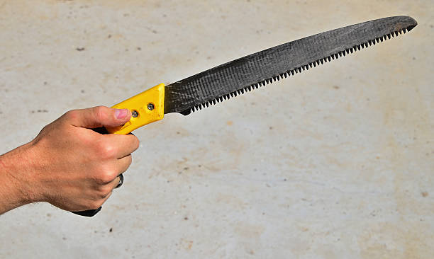 istock Cropped Hand Holding Saw Against Wall 665689235