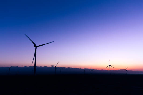 istock wind turbines in field at twilight 665711174