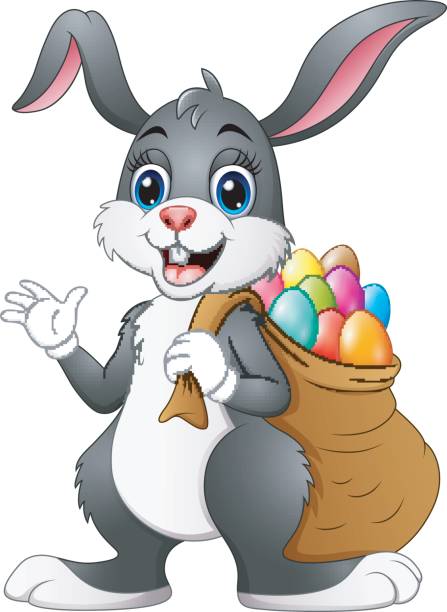 ilustraciones, imágenes clip art, dibujos animados e iconos de stock de conejo de conejito de pascua con pascua huevos un saco completo - easter bunny