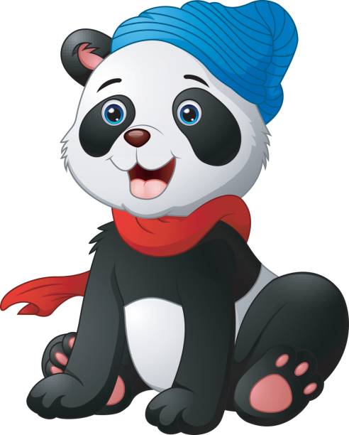istock Cute cartoon panda sitting wearing a red scarf and a blue hat 665718530