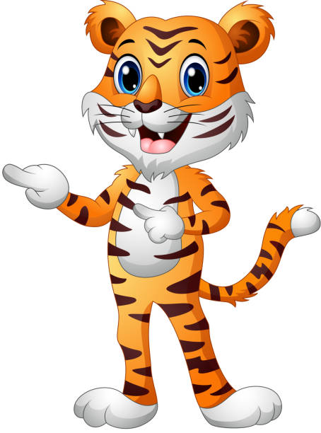 zabawna kreskówka tygrysa skierowana obydwoma palcami - tiger pointing vector cartoon stock illustrations