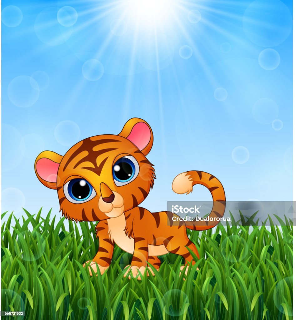 Ilustración de Tigre De Bebé De Dibujos Animados En El Césped En Un Fondo  De Sol Brillante y más Vectores Libres de Derechos de Cachorro de tigre -  iStock