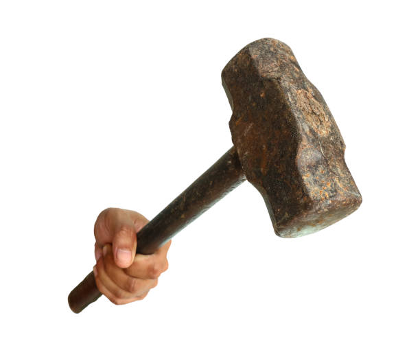 martello grunge con mano maschile - hammer isolated human arm holding foto e immagini stock