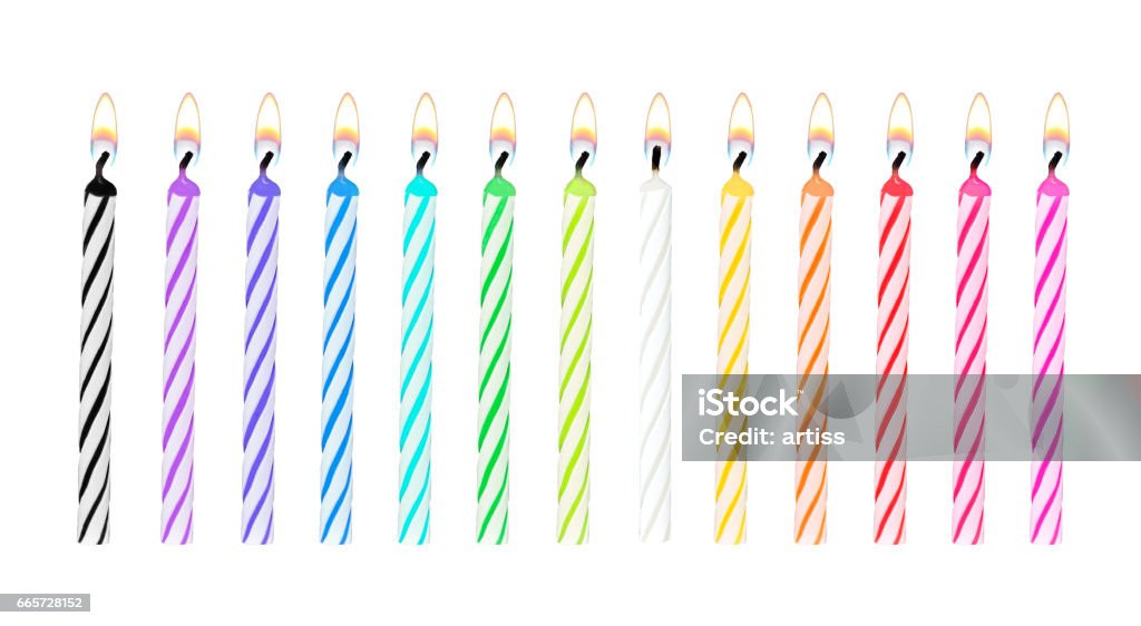 Set of rainbow color birthday or party candles were lit and isolated on white background with clipping path for celebration Set of rainbow color birthday or party candles were lit and isolated on white background with clipping path for celebration on special occasion Birthday Candle Stock Photo