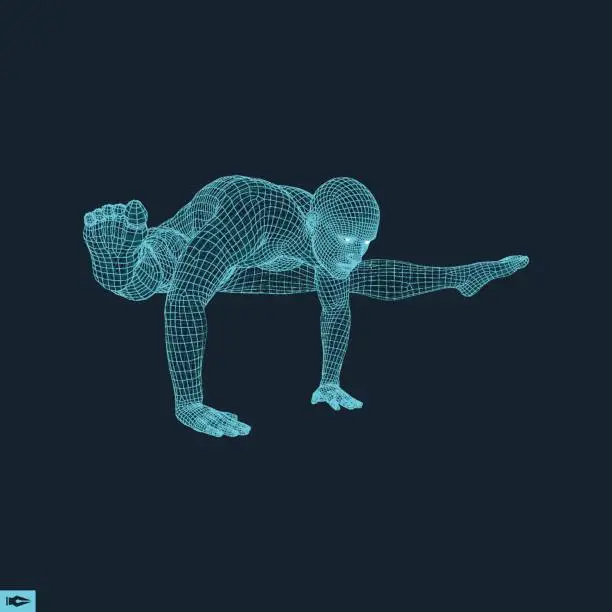 Vector illustration of Man Doing Yoga Workout. 3D Model of Man. Healthy lifestyle. Training Concept.