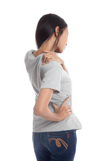 istock Young Asian woman got back pain. 665731380