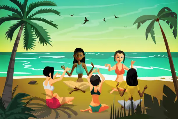 Vector illustration of Group of young women doing yoga on the beach at sunset