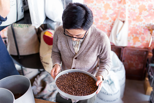 Coffee roaster hand searching a batch of freshly roasted beans looking for beans with defects or that are burnt. Okayama, Japan. March 2017