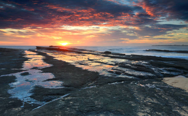 Glorious sunrise Culburra beach rock shelf Breathtaking sunrise from Culburra Beach rocks the light catching in the water left from a high tide shoalhaven stock pictures, royalty-free photos & images