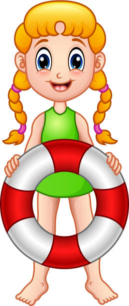 ilustrações de stock, clip art, desenhos animados e ícones de cartoon little girl holding lifebuoy - swimwear child inner tube little girls