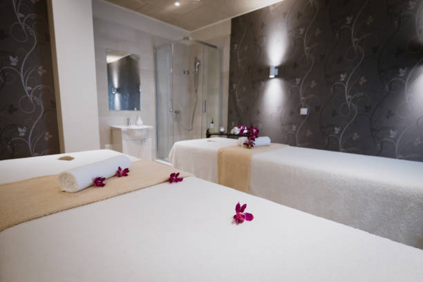 istock Beautiful massage beds in spa resort room 665750302