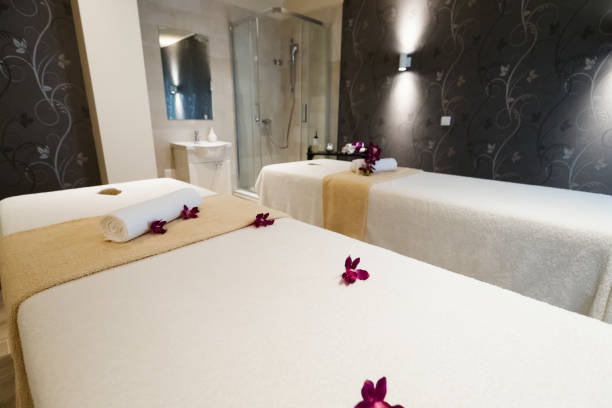 istock Beautiful massage beds in spa resort room 665750314