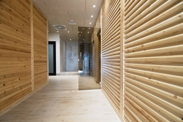 istock Beautiful spa resort hallway with saunas and shower 665750668