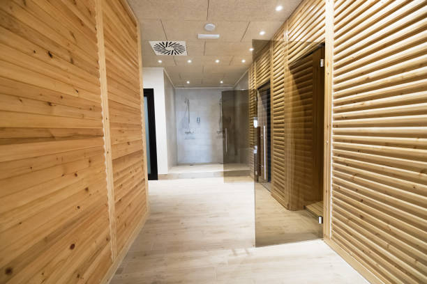 istock Beautiful spa resort hallway with saunas and shower 665750716