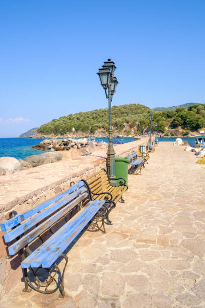 istock Empty benches on Skala Sikamineas pier, Lesvos 665750786