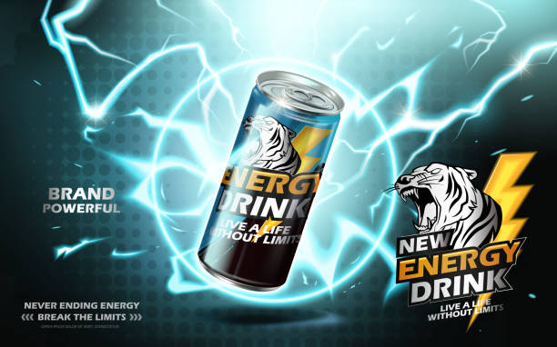 energy drink ad energy drink contained in metal can with electricity ring element, teal background 3d illustration energy drink stock illustrations