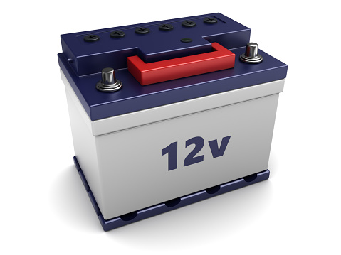 3d illustration of 12v car battery over white background