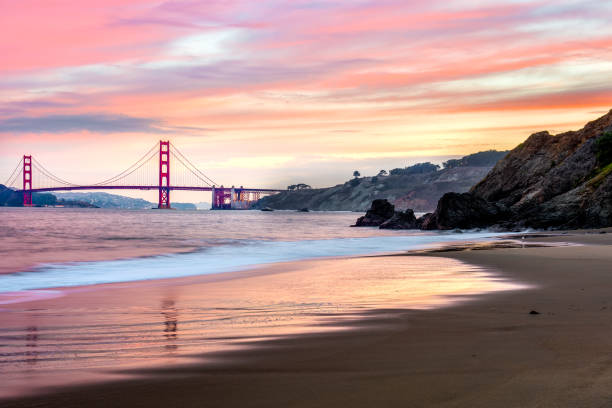 sunrise at Golden Gate Beautiful Red dawn over the Golden Gate Bridge from a beach water tower chicago landmark stock pictures, royalty-free photos & images