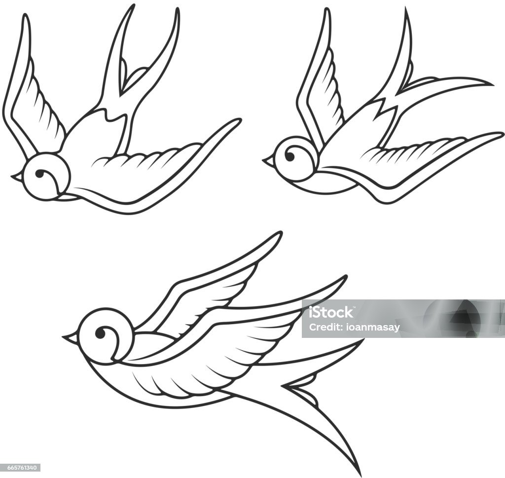 Set di modelli di tatuaggi di rondine isolati su sfondo bianco. Icone degli uccelli - arte vettoriale royalty-free di Uccello