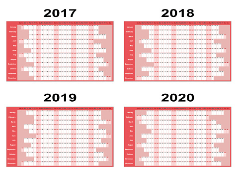 Full year wall planners for 2017, 2018, 2019 and 2020. Vector illustration