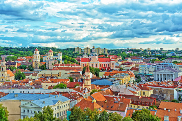 istock Old town in Vilnius with churches steeples and Town Hall 665770994