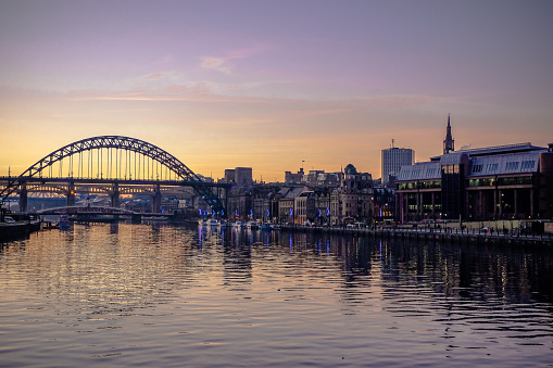 Newcastle upon Tyne-December 29, 2016: Newcastle Quayside with the Tyne Bridge at sunset