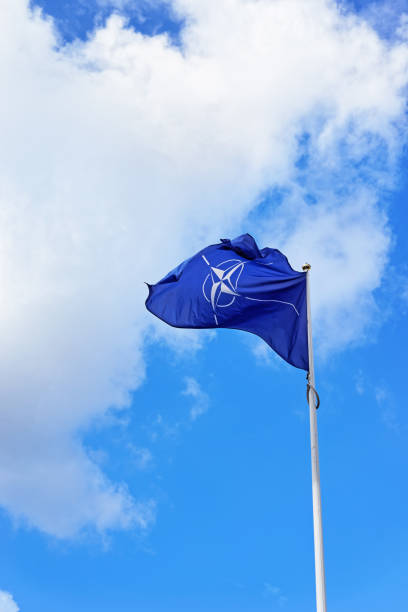 Flag of NATO waving by wind Vilnius, Lithuania - September 3, 2015: Flag of NATO waving by the wind nato stock pictures, royalty-free photos & images