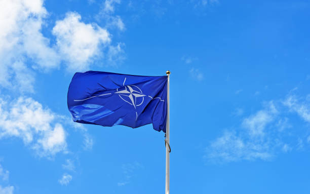 Flag of NATO waving in wind Vilnius, Lithuania - September 3, 2015: Flag of NATO waving in the wind nato stock pictures, royalty-free photos & images