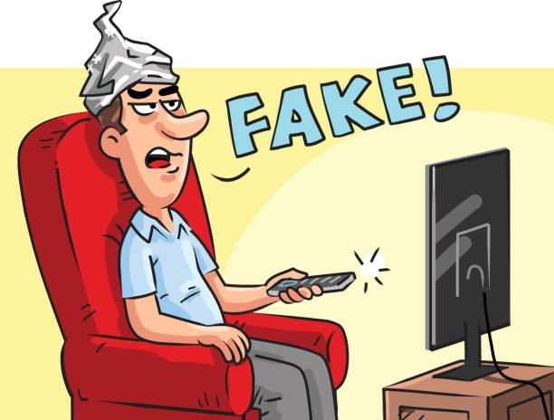 Man With Tin Foil Hat Watching Fake News Vector illustration of a man wearing a tin foil hat sitting on a chair, watching "Fake News" on television. Concept for fake news, criticism of mainstream media and journalism, modern media,  tin foil hat stock illustrations