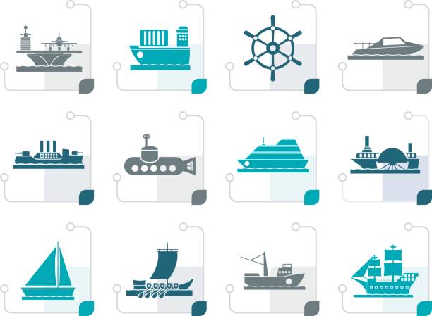 illustrazioni stock, clip art, cartoni animati e icone di tendenza di stilizzato diversi tipi di icone di barche e navi - ferry container ship cruise sailing ship