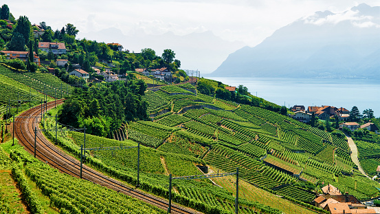 Railway line on Lavaux Vineyard Terraces Lake Geneva in Switzerland