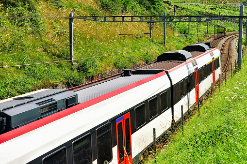Swiss running train in Vineyard Terraces of Lavaux Switzerland