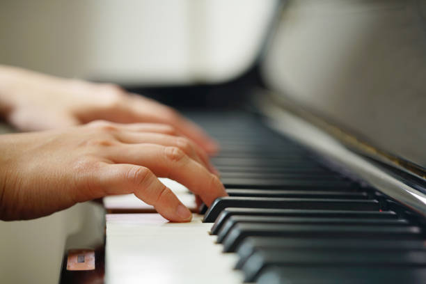 istock Scene of pianist hands from beside angle playing piano. 665780056