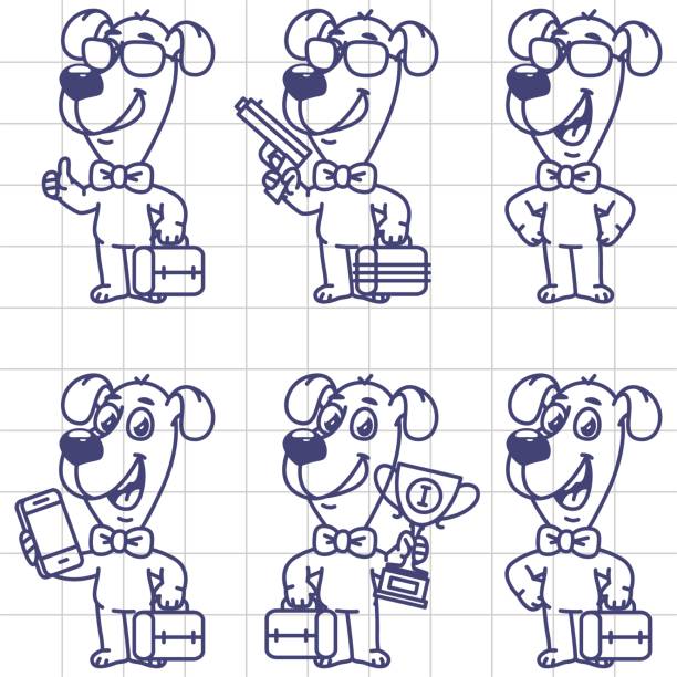 ilustrações de stock, clip art, desenhos animados e ícones de sketch set characters dog businessman holding suitcase cup phone gun - spy gun men humor
