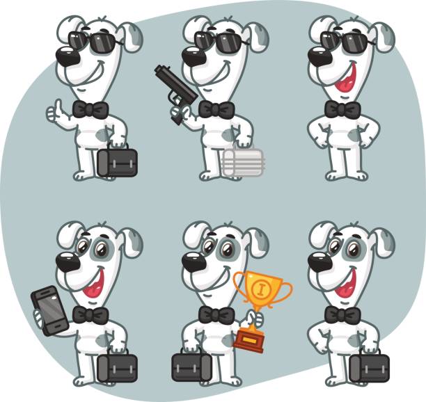 ilustraciones, imágenes clip art, dibujos animados e iconos de stock de set personajes perro empresario sosteniendo maleta taza teléfono pistola - spy gun men humor