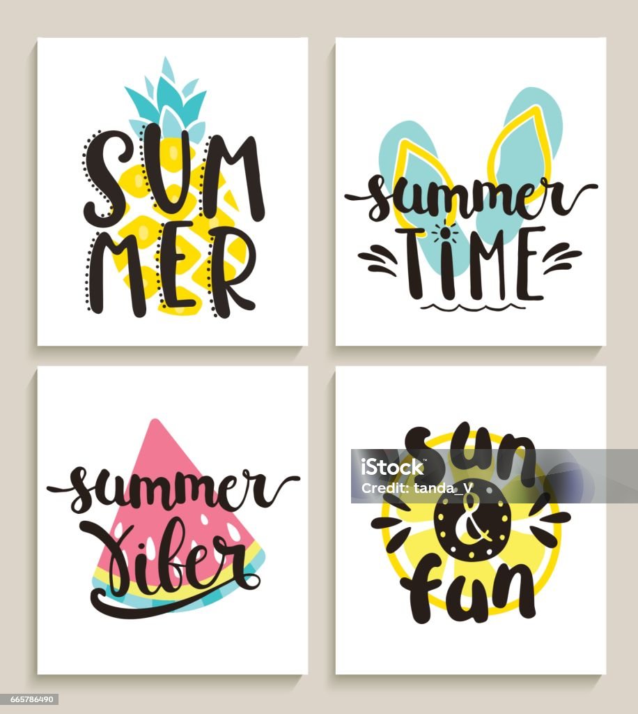 Summer Four bright summer cards on white background with watermelon, lemon, pineapple and slippers. Fun quote design logo or label. Vector illustration. Summer stock vector