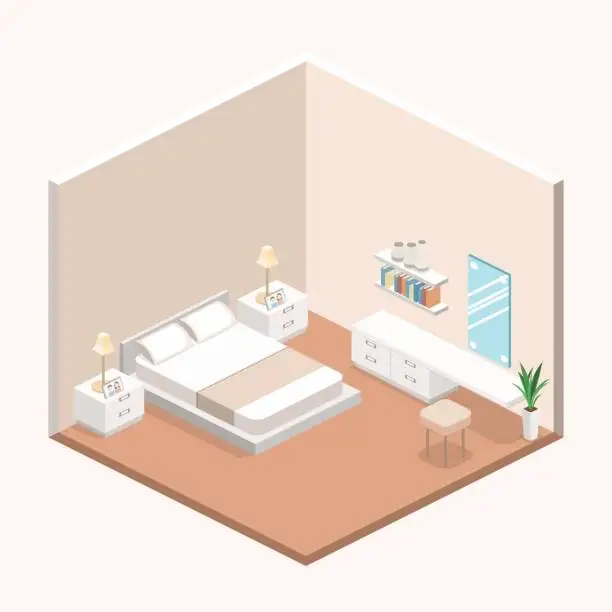 Vector illustration of modern bedroom design in isometric style.