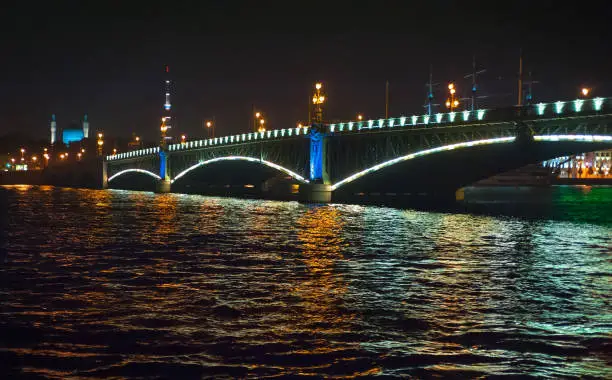 Night view of bridge in Saint-Petersburg city, Russian Federation