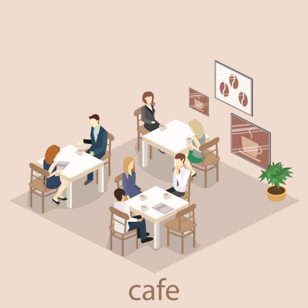 ilustraciones, imágenes clip art, dibujos animados e iconos de stock de isométrica interior de cafetería. diseño isométrico plano 3d interiores café o restaurante. las personas se sientan en mesas y comerán. - isometric people cafe coffee shop