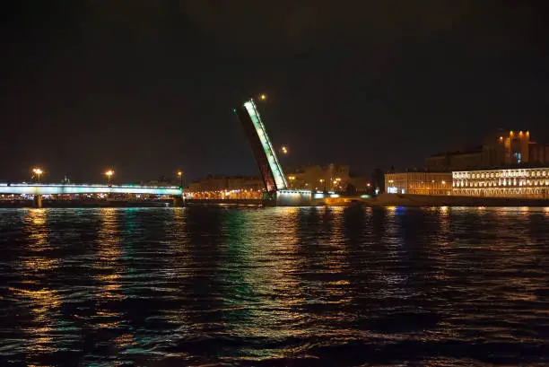 Night view of bridge in the Saint-Petersburg city, Russian Federation